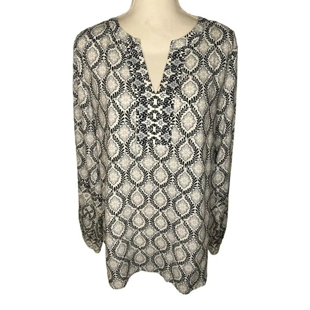LOFT Women’s Medium Blue & White Border Mosaic Split Neck Blouse